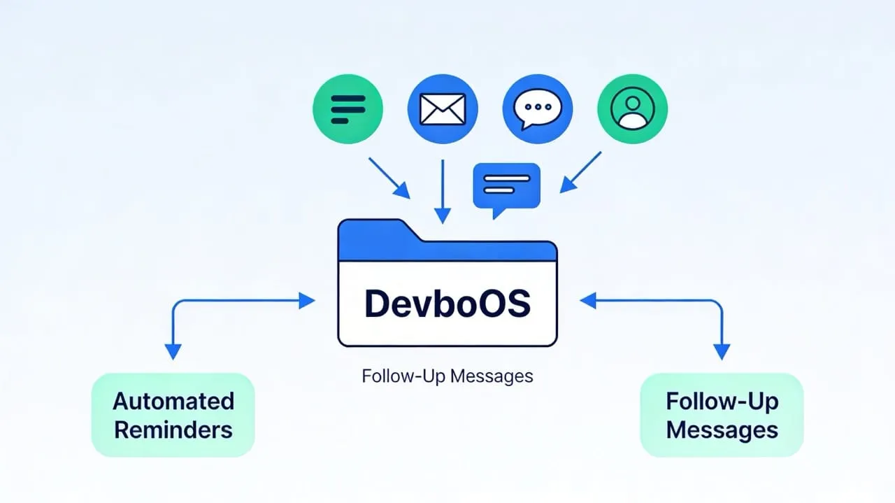 Unified DevboOS inbox with SMS, email, chat, and social icons feeding into one organized conversation view.