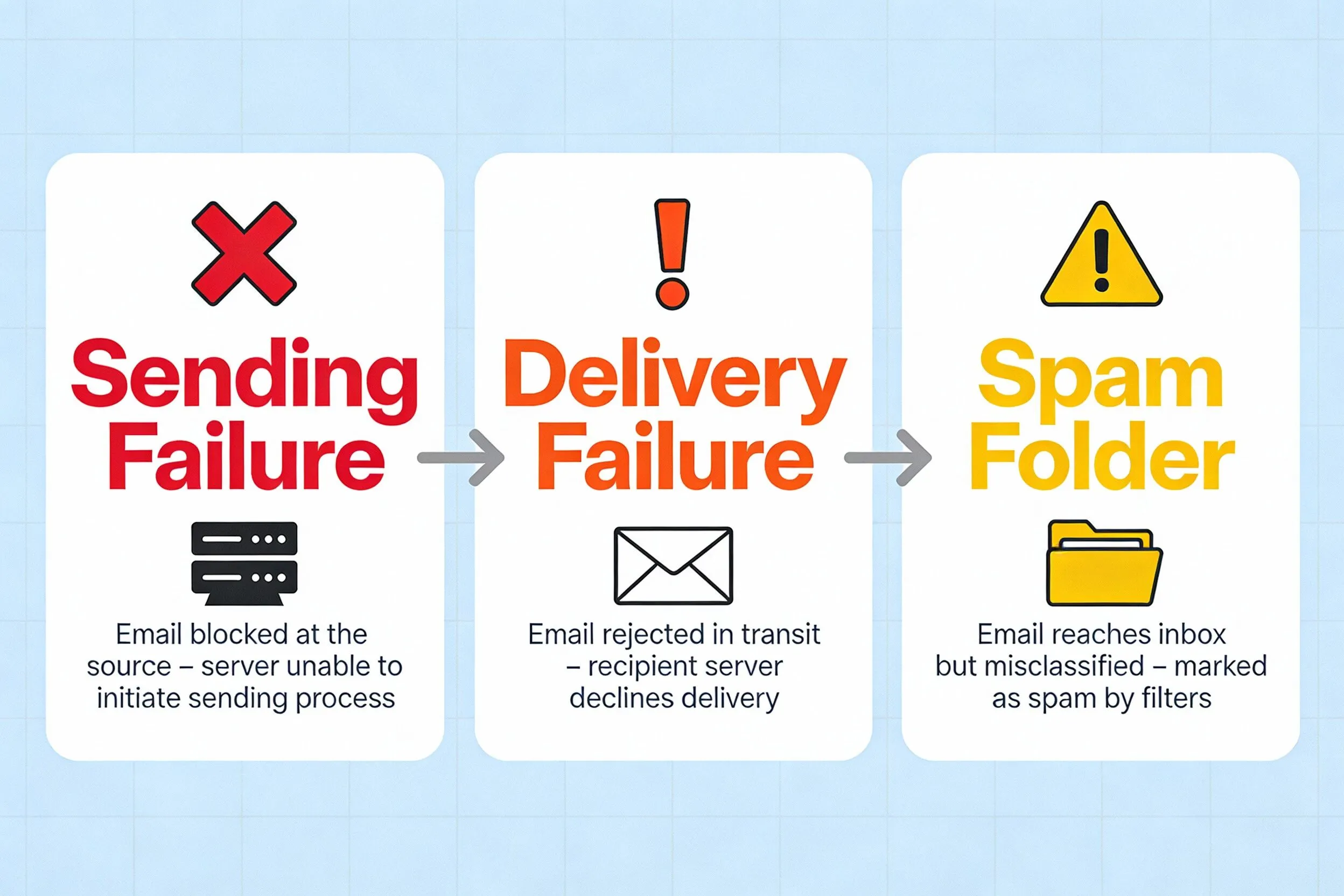 comparing three types of WordPress email failures and spam placement