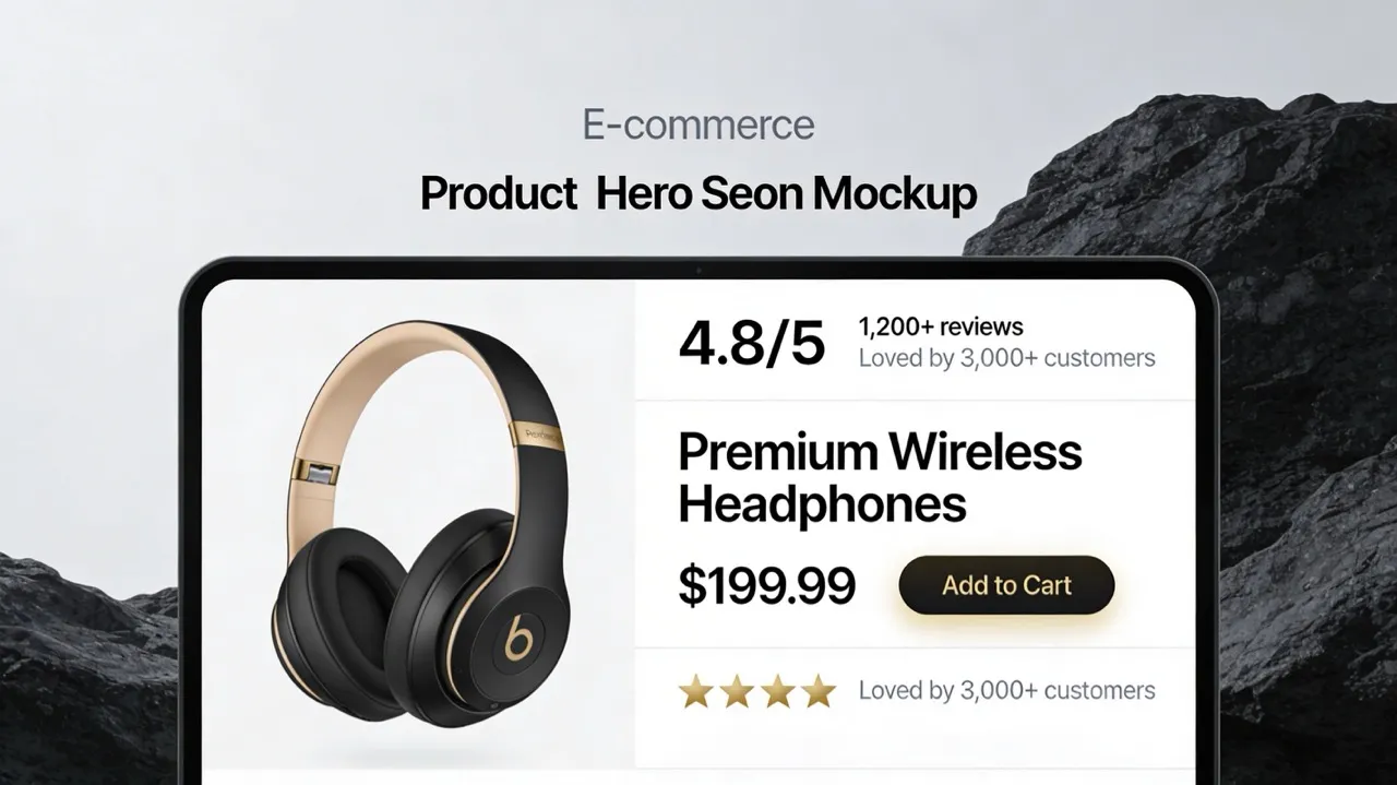Product hero mockup with star rating, review count, and social proof headline above the fold.