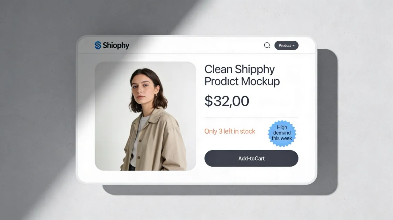 Shopify product page mockup showing genuine low-stock notice and high-demand badge.